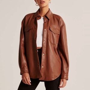 Vegan leather brown button up shacket